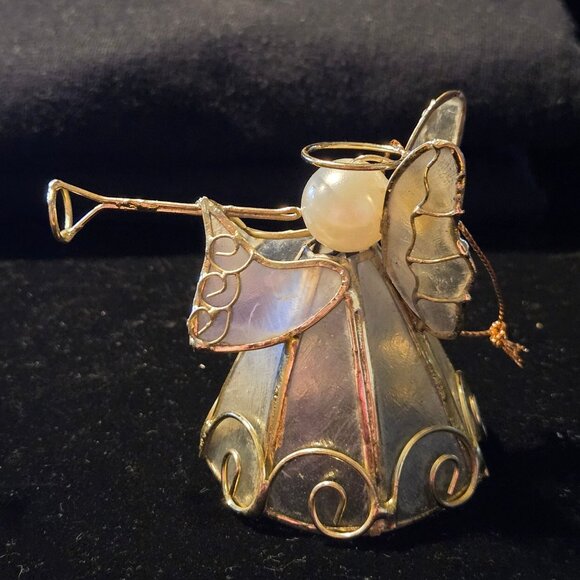 Set Of 4 Capiz shell Angel Figurines With Pearlescent Heads & Trumpets Gold Wire - Picture 3 of 5